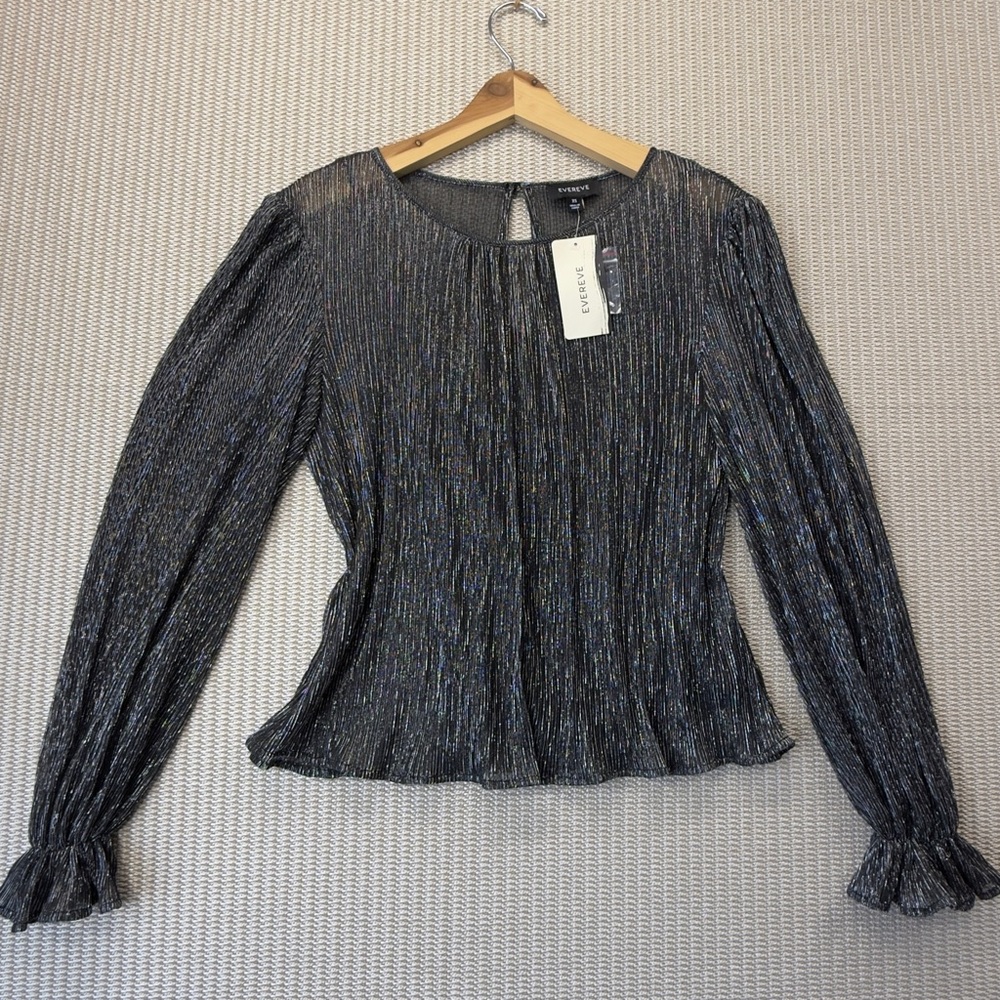 Evereve Metallic Black Long-Sleeve Blouse 2pc XS